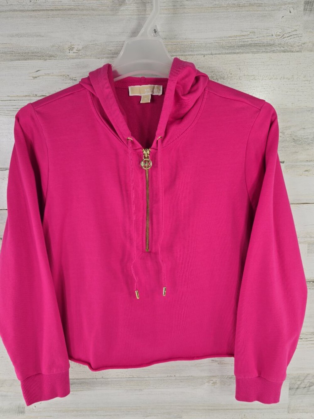 MICHAEL KORS HOT PINK PULL OVER GOLD LOGO ZIP CROP HOODIE SHIRT SIZE XL *EUC*...